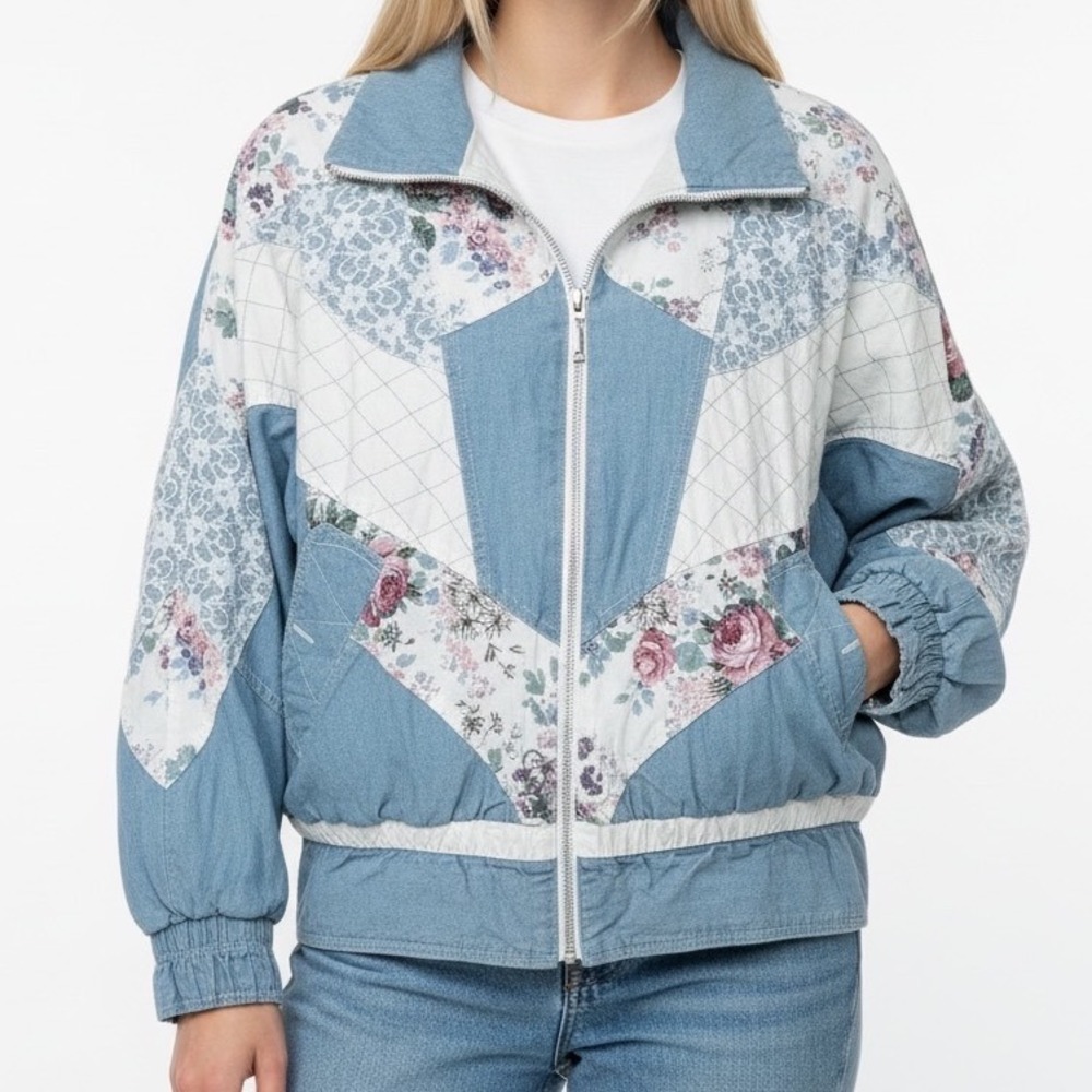 Vintage Bronton Patchwork Denim Jacket Floral Lac… - image 1